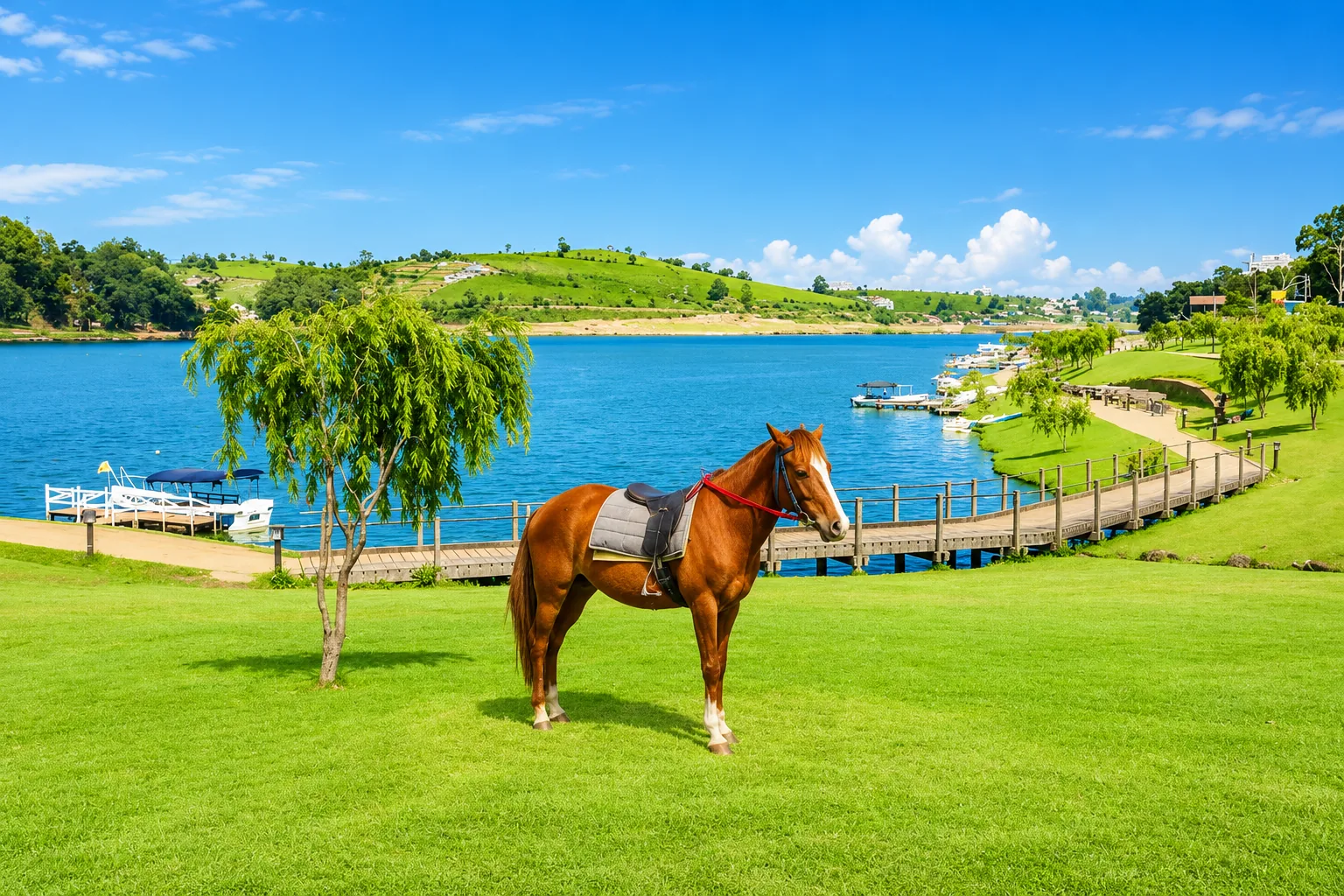 Saddled horse by the shore of Lake Gregory